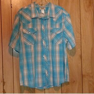 Haband Blue Plaid Casual Snap Button Down Shirt